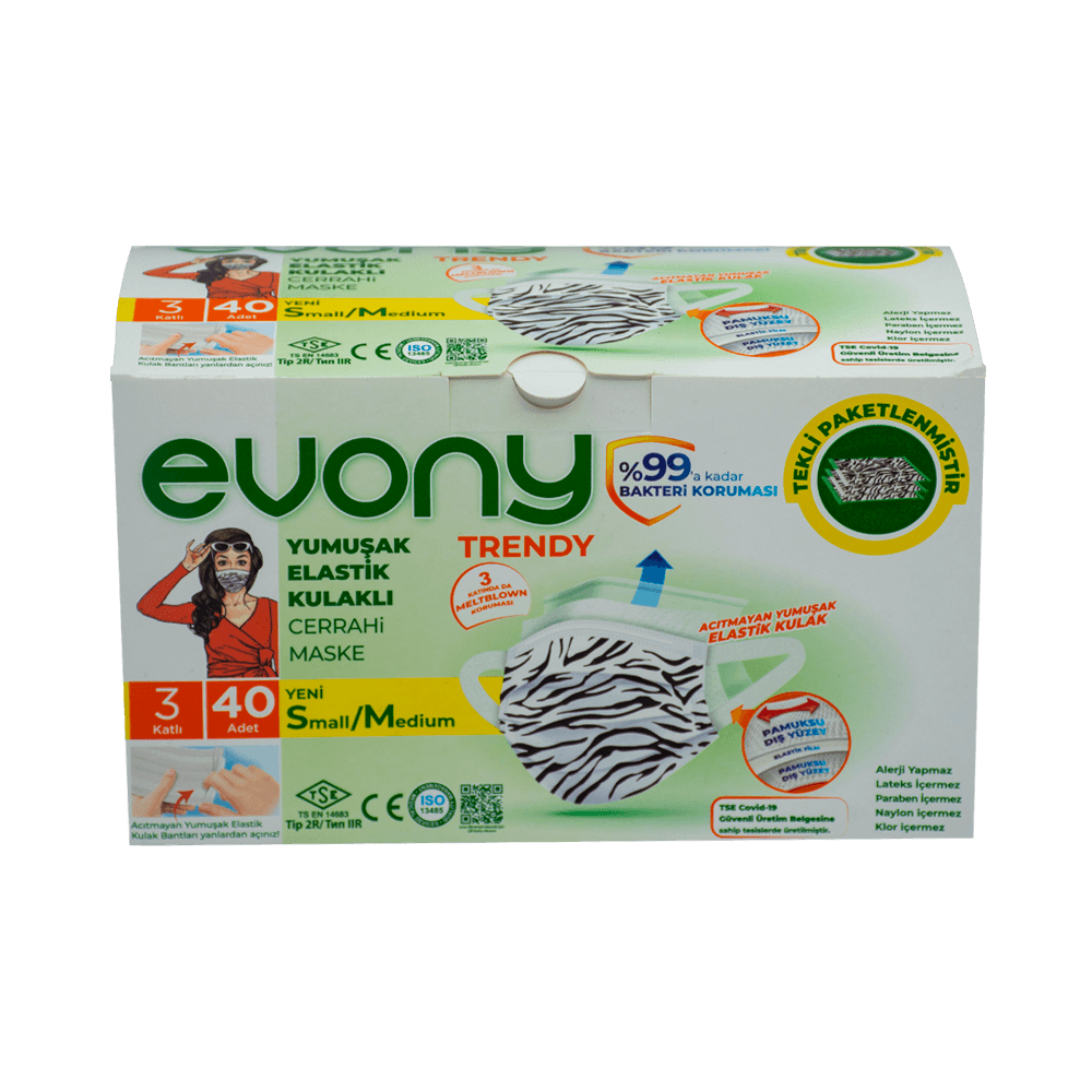 Evony Cerrahi Maske Lastikli 40'lı Trendy S/M Tekli Paket